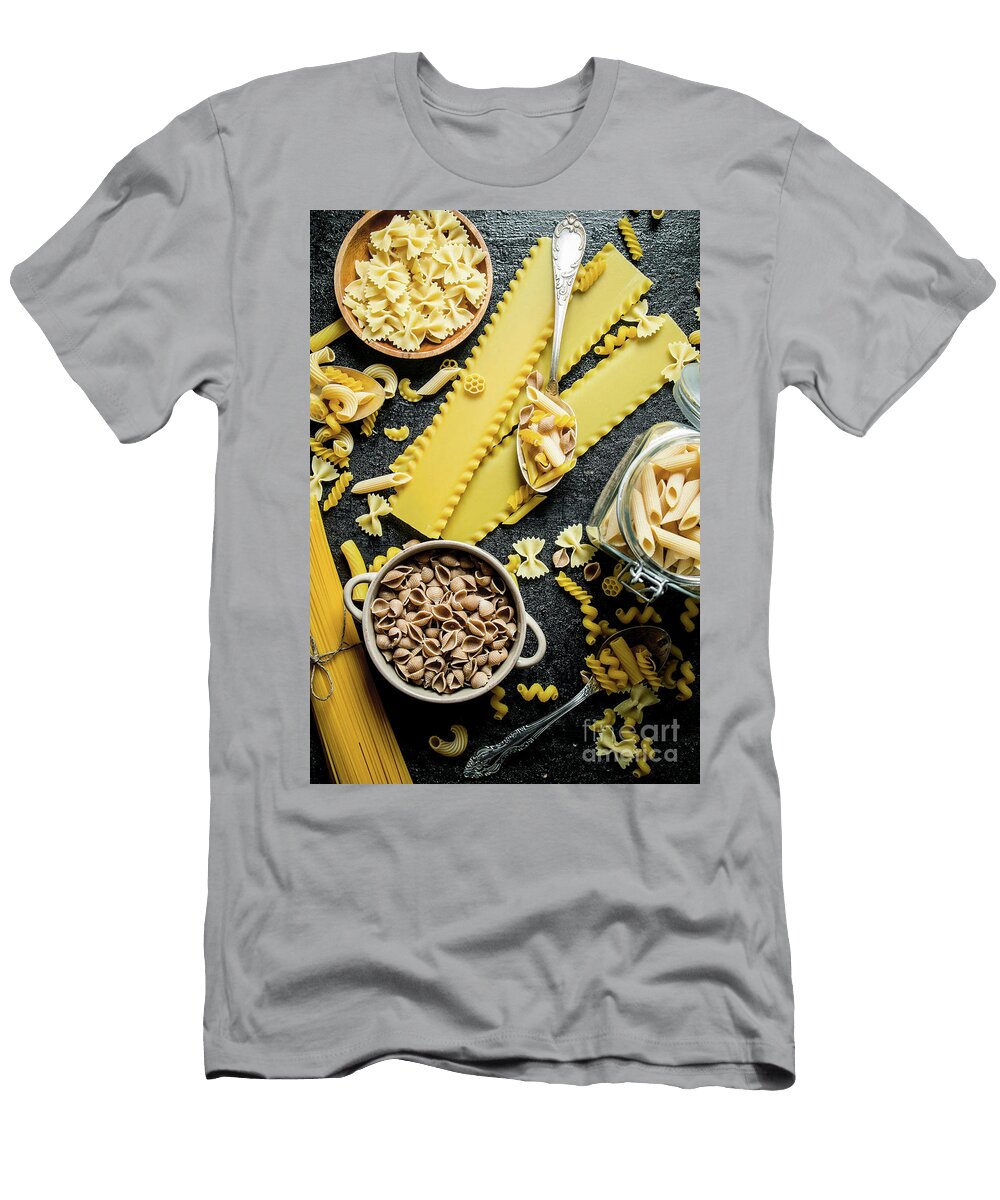 Pasta Background Different Types of Dry Pasta in the Pot and Bowl Olesia Shadrina T-Shirt