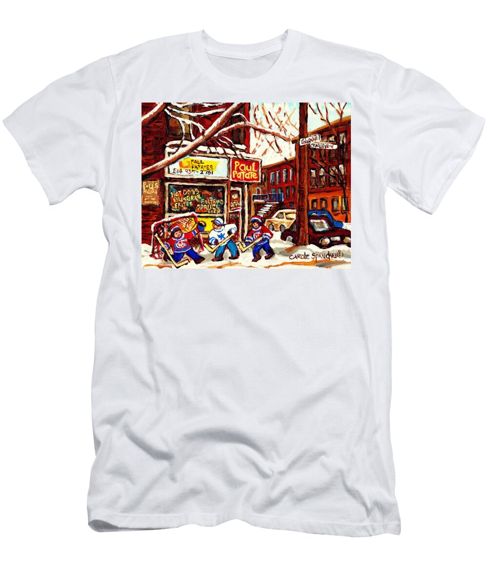 Paul Patates Psc Montreal Landmarks Corner Snack Bar Diner Hockey Art Winter Street Scene C Spandau Carole Spandau T-Shirt