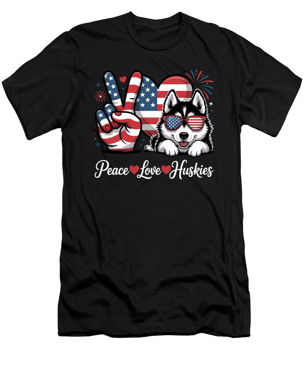 Peace Love Huskies USA Flag Dog Lover Patriotic Sophie Eleanor T-Shirt