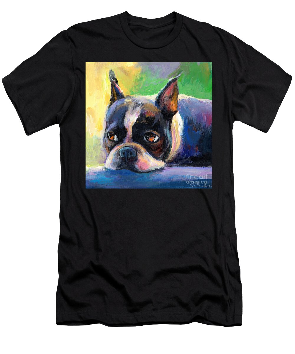 Pensive Boston Terrier Dog Painting Svetlana Novikova T-Shirt
