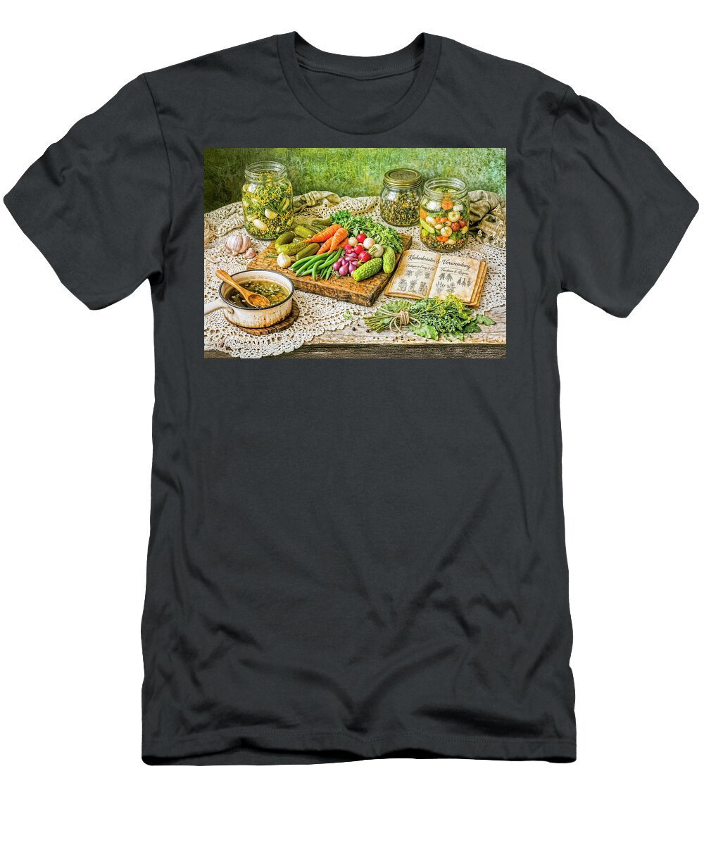 Pickled Cucumbers and Fresh Vegetables in Rustic Vintage Kitchen Art Momente T-Shirt