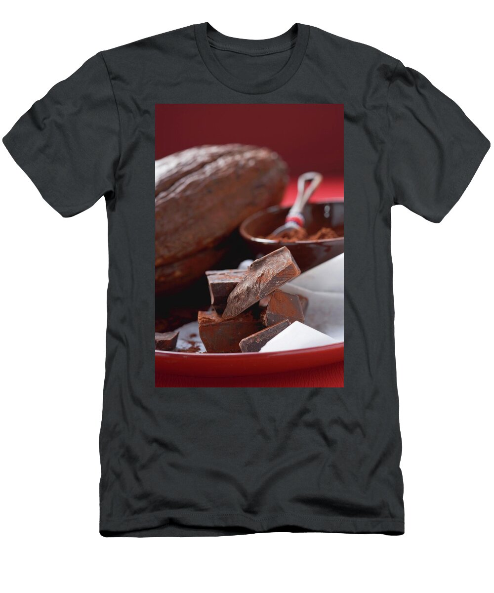 Pieces of Chocolate in Front of Cocoa Powder and Cacao Fruit Foodcollection T-Shirt