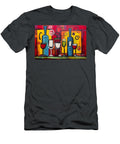 Playful Abstract Bar Art Colorful Cocktail Glasses and Bottles with Bold Geometric Background Olfactoart Studio T-Shirt