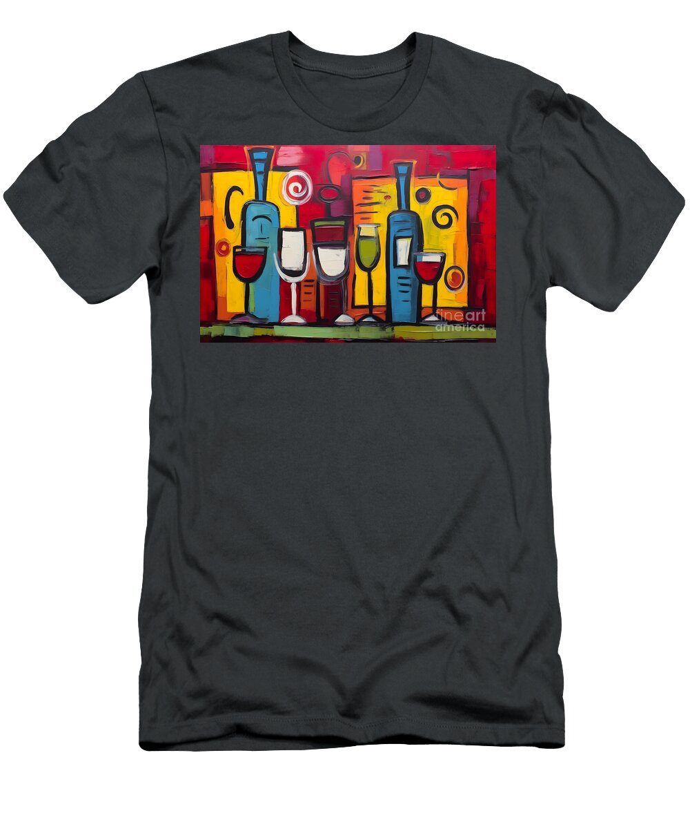 Playful Abstract Bar Art Colorful Cocktail Glasses and Bottles with Bold Geometric Background Olfactoart Studio T-Shirt