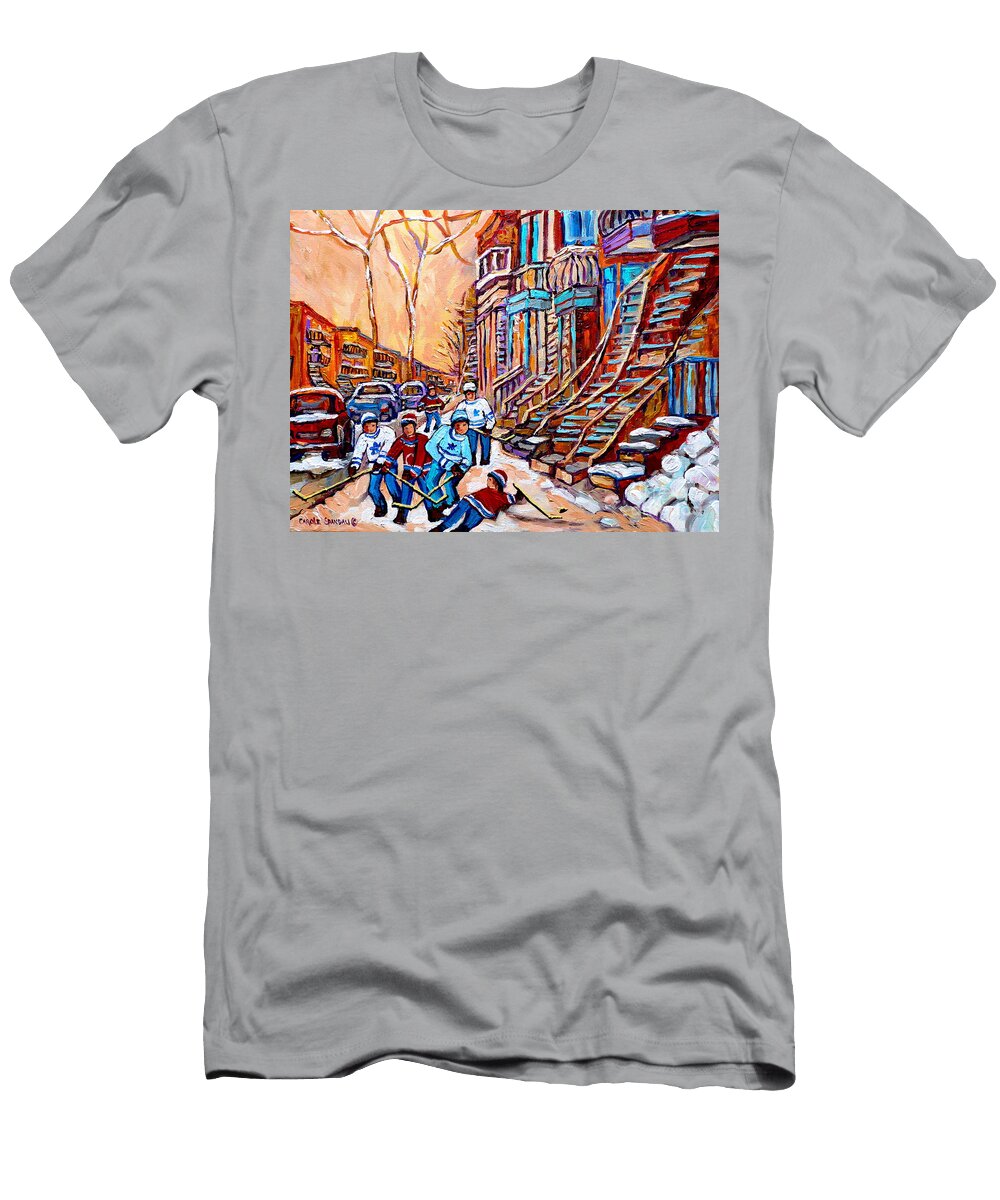 Pointe Stcharles Hockey Game Near Winding Staircases Montreal Winter City Scenes Carole Spandau T-Shirt