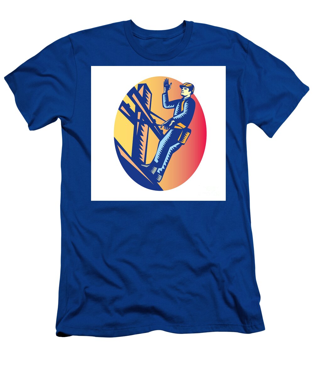 Power Lineman Electric Post Waving Oval Woodcut Aloysius Patrimonio T-Shirt