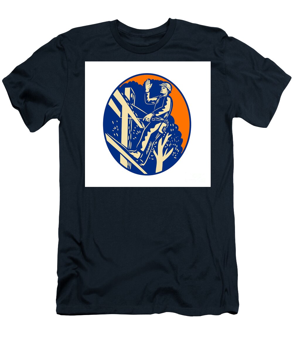 Power Lineman Electrician Post Helllo Oval Woodcut Aloysius Patrimonio T-Shirt