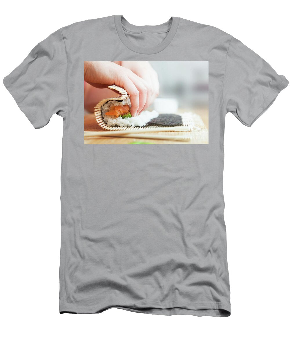 Preparing Rolling Sushi Salmon Avocado Rice and Chopsticks on Wooden Table Michal Bednarek T-Shirt