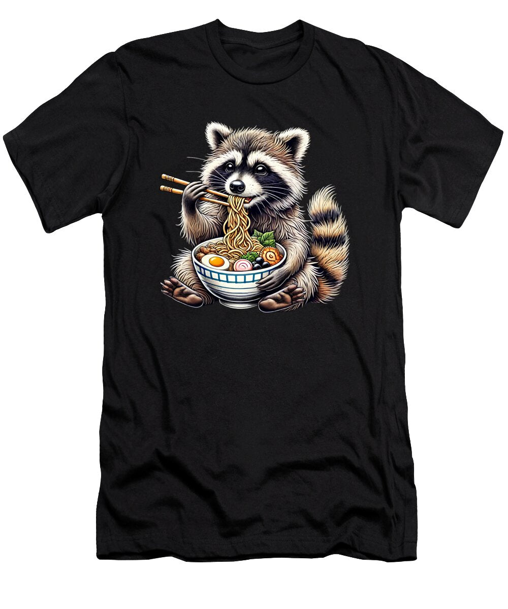 Raccoon Eating Ramen Noodle Anime Japanese Food Lover Job T-Shirt
