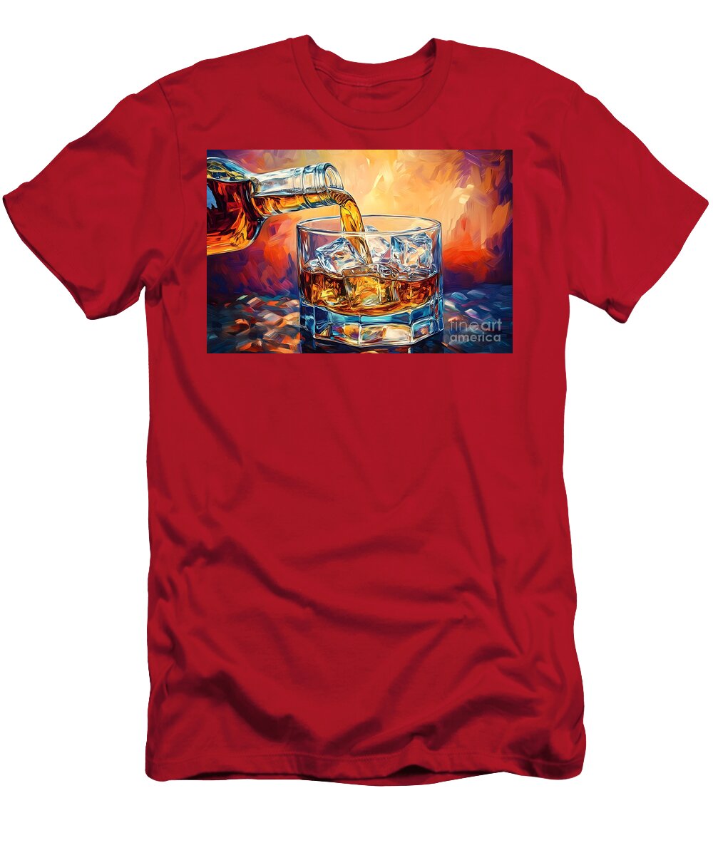 Raise the Glass Golden Whisky Poured Over Ice in a Colorful Glow Olfactoart Studio T-Shirt