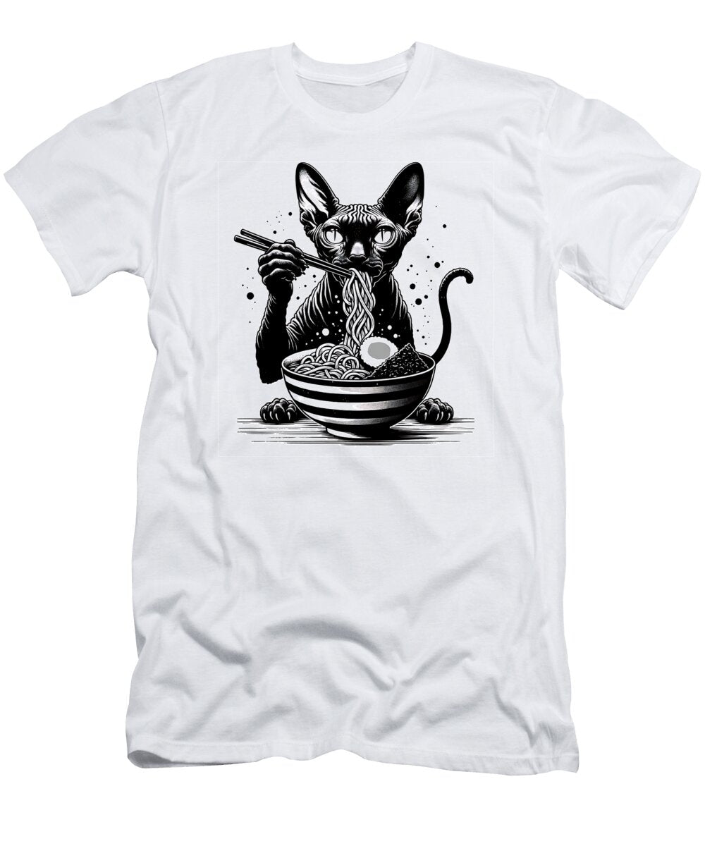 Ramen Sphynx Cat Enjoying a Bowl of Ramen Noodles Sphynx Cat Art T-Shirt