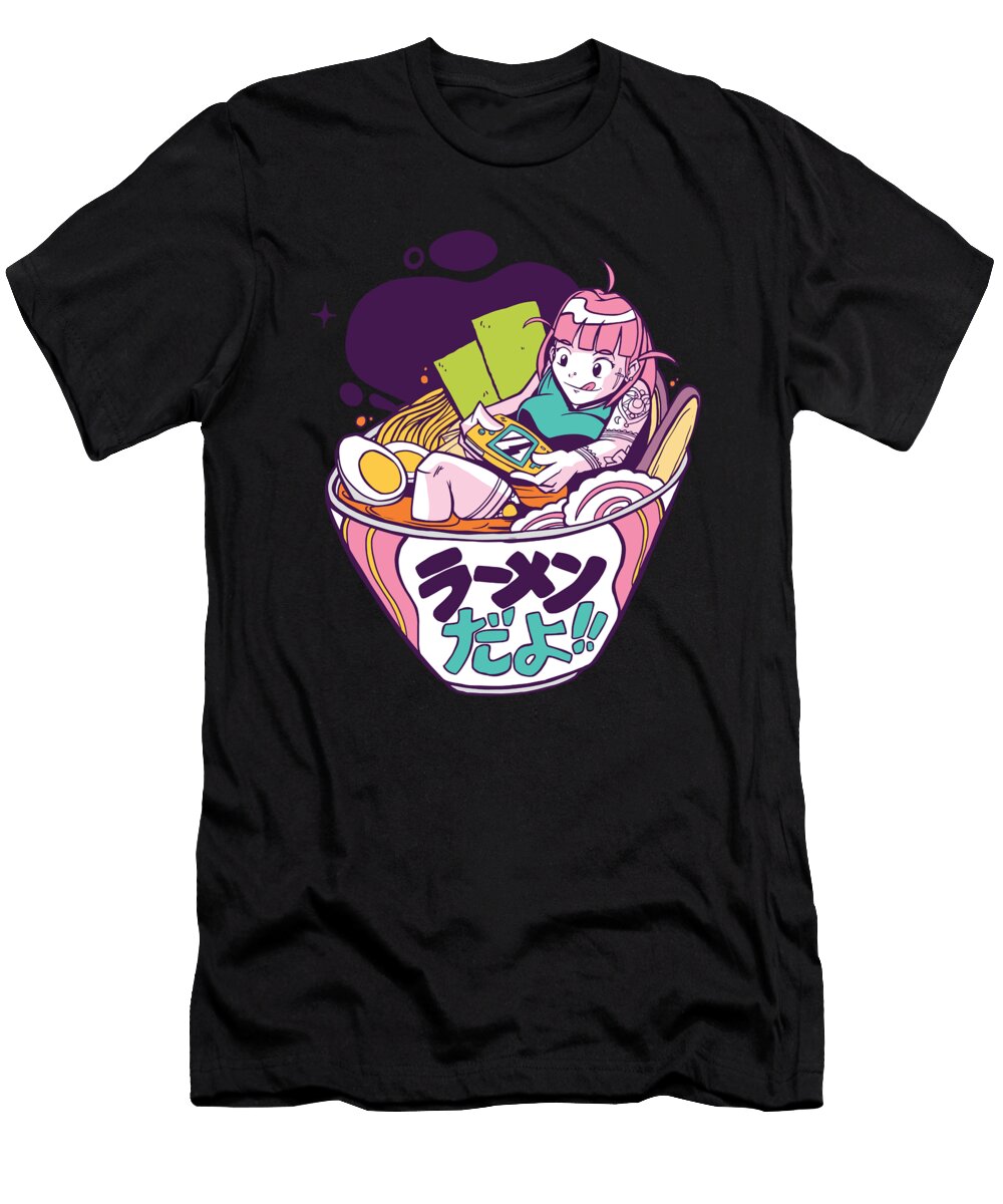 Ramen Video Gamer Girl Anime Style in Ramen Bowl Licensed Art T-Shirt