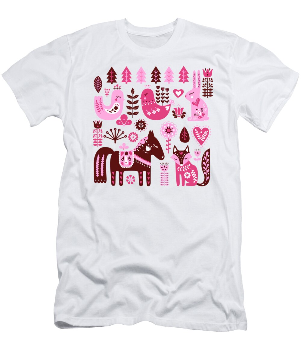 Raspberry and Cream Scandinavian Folk Art Forest Friends Little Bunny Sunshine T-Shirt