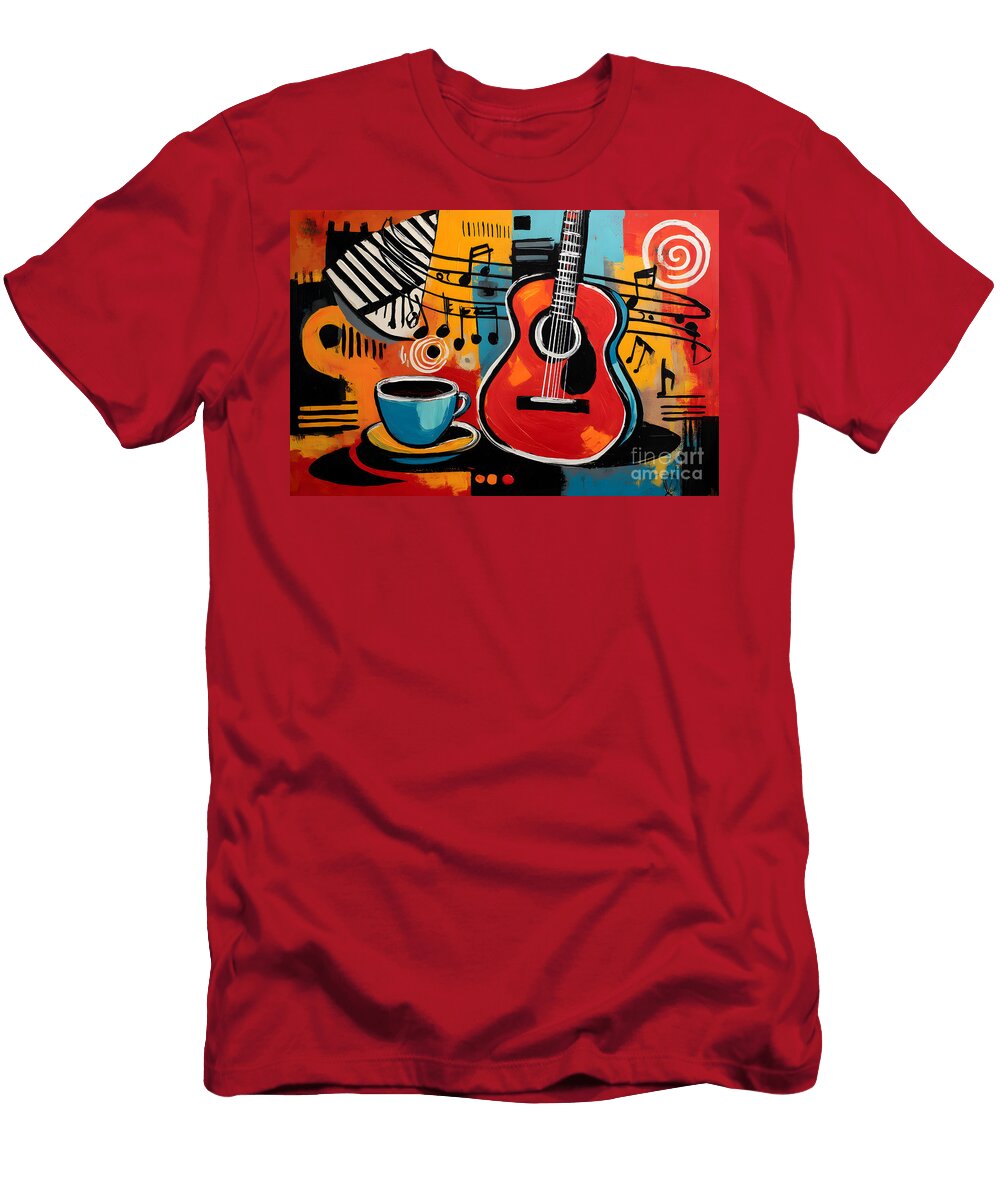 Red Guitar and Blue Coffee Cup Harmony Vibrant Abstract Art with Musical Notes and Bold Colors Olfactoart Studio T-Shirt