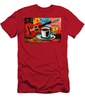 Red Guitar and Steaming Coffee Cup Surrounded By Abstract Musical Notes and Bright Contrasting Color Olfactoart Studio T-Shirt