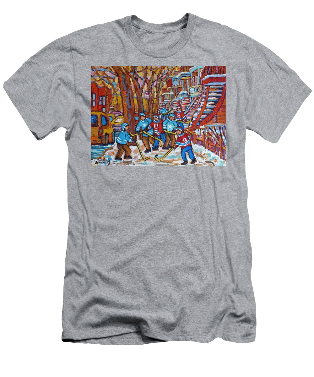 Red Staircase and Street Hockey Paintings Winter Scene Verdun and Plateau Mont Royal C Spandau Art Carole Spandau T-Shirt