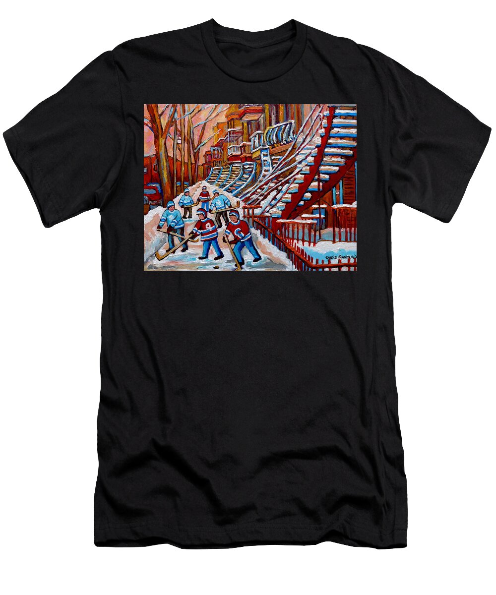 Red Staircases Paintings of Verdun Montreal City Scene Hockey Art Winter Scenes Carole Spandau T-Shirt
