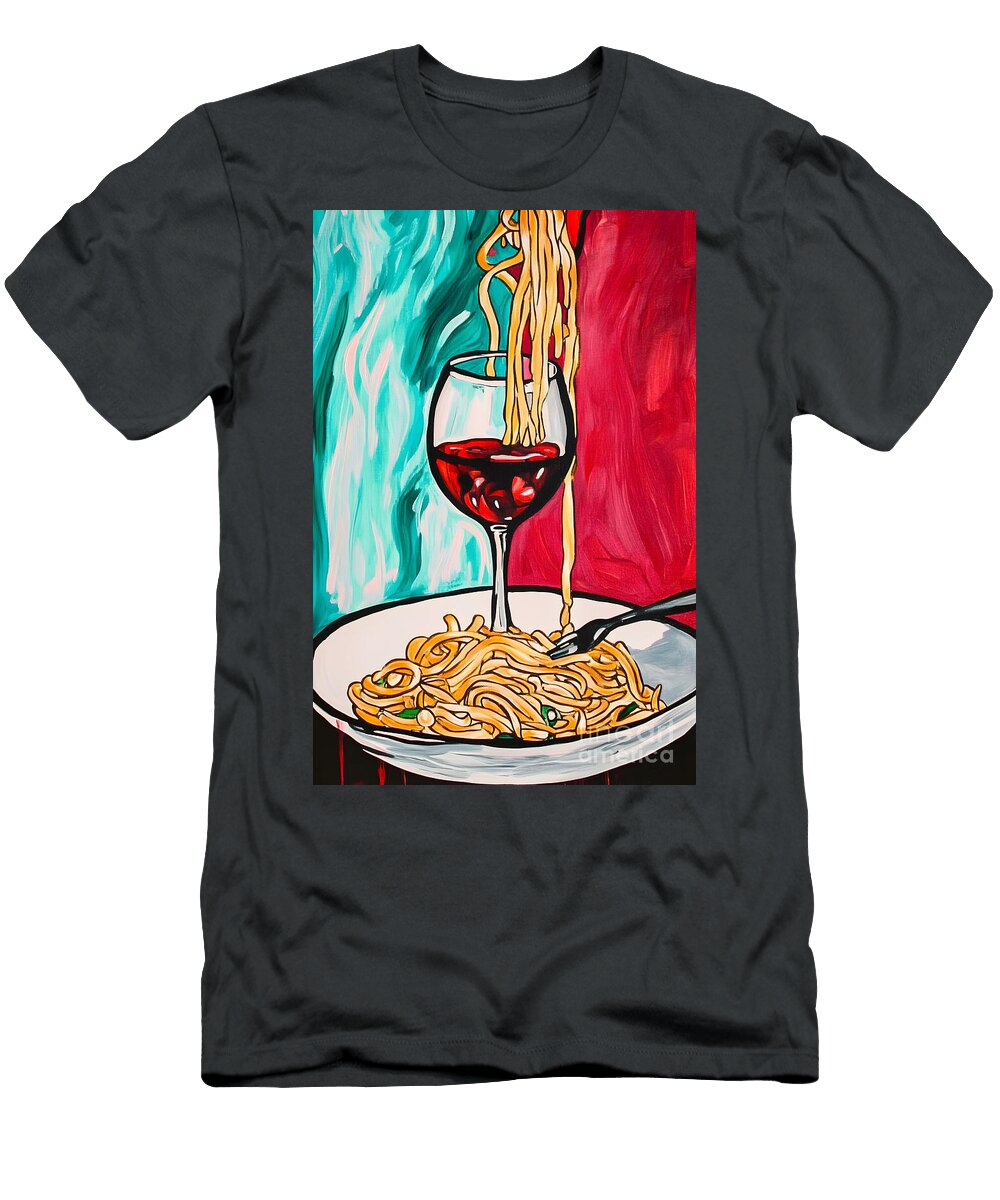 Red Wine and Spaghetti Playful Noodles and Vibrant Background Olfactoart Studio T-Shirt