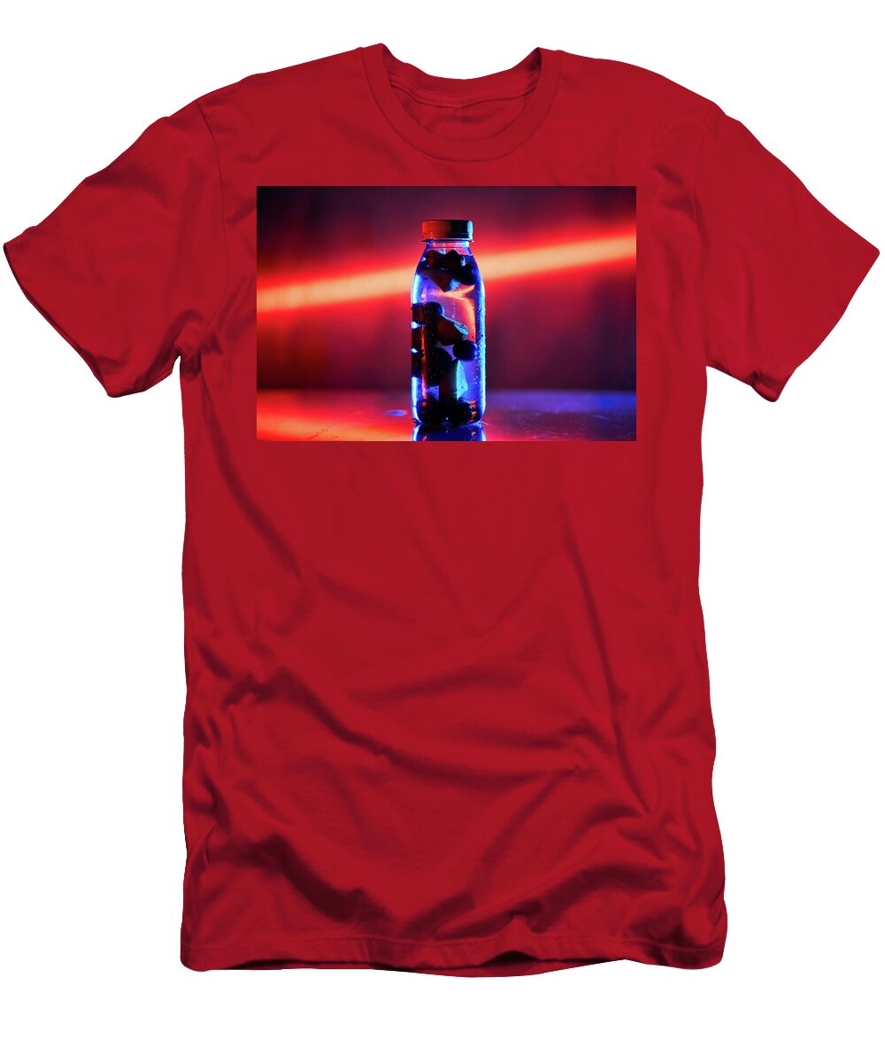Refreshing Fruit Beverage in Bottle Under Neon Lights Talha Khan T-Shirt