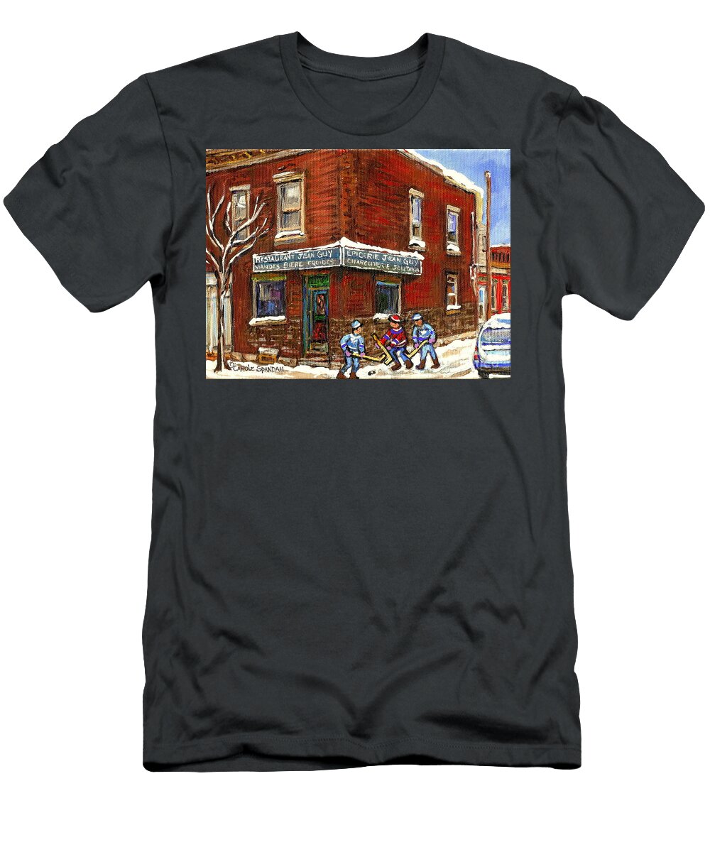 Restaurant Epicerie Jean Guy Pointe St Charles Montreal Art Verdun Scenes Montreal Winter Hockey Carole Spandau T-Shirt