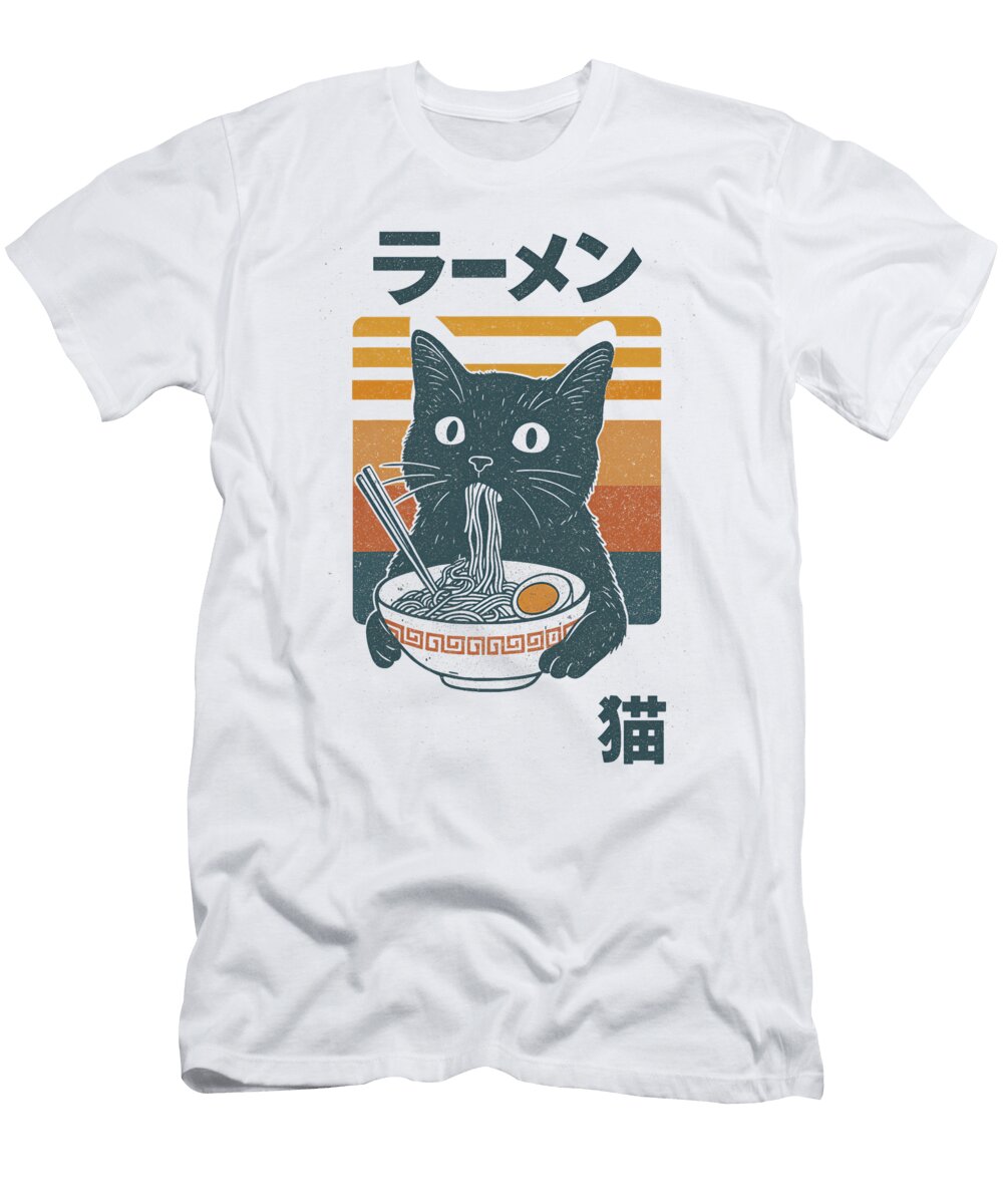 Retro Cat Eating Ramen Noodles Anime Girls Boys Zyneu Gangd T-Shirt
