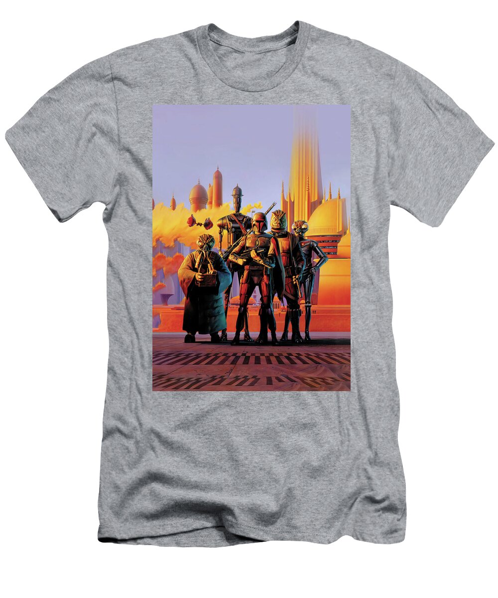 Retro Sci Fi Desert Warriors Poster with Futuristic Space Rebels and Galactic Cityscape Stephanie Brown T-Shirt