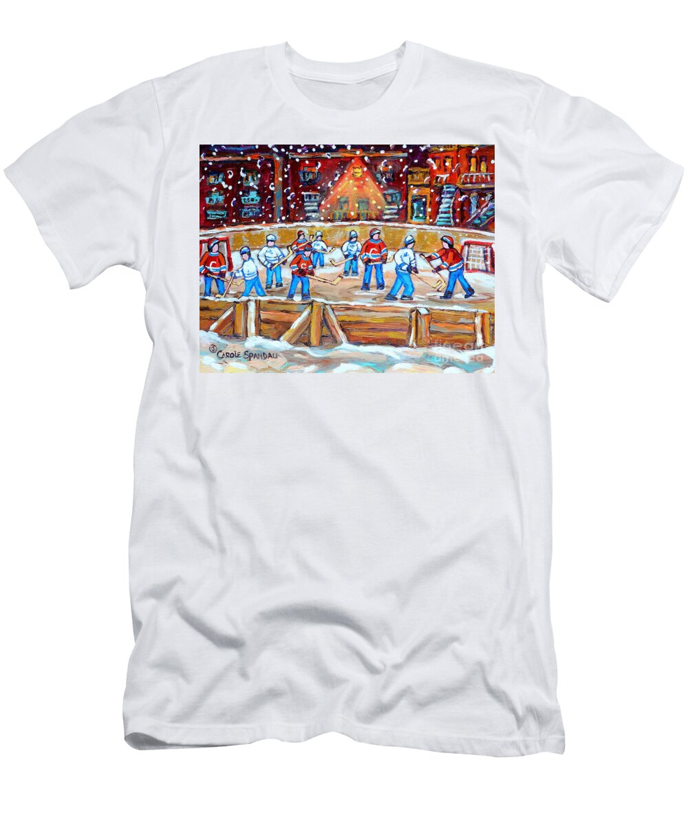 Rink Hockey in the City Montreal Memories Outdoor Hockey Fun Street Scene Painting Carole Spandau Carole Spandau T-Shirt