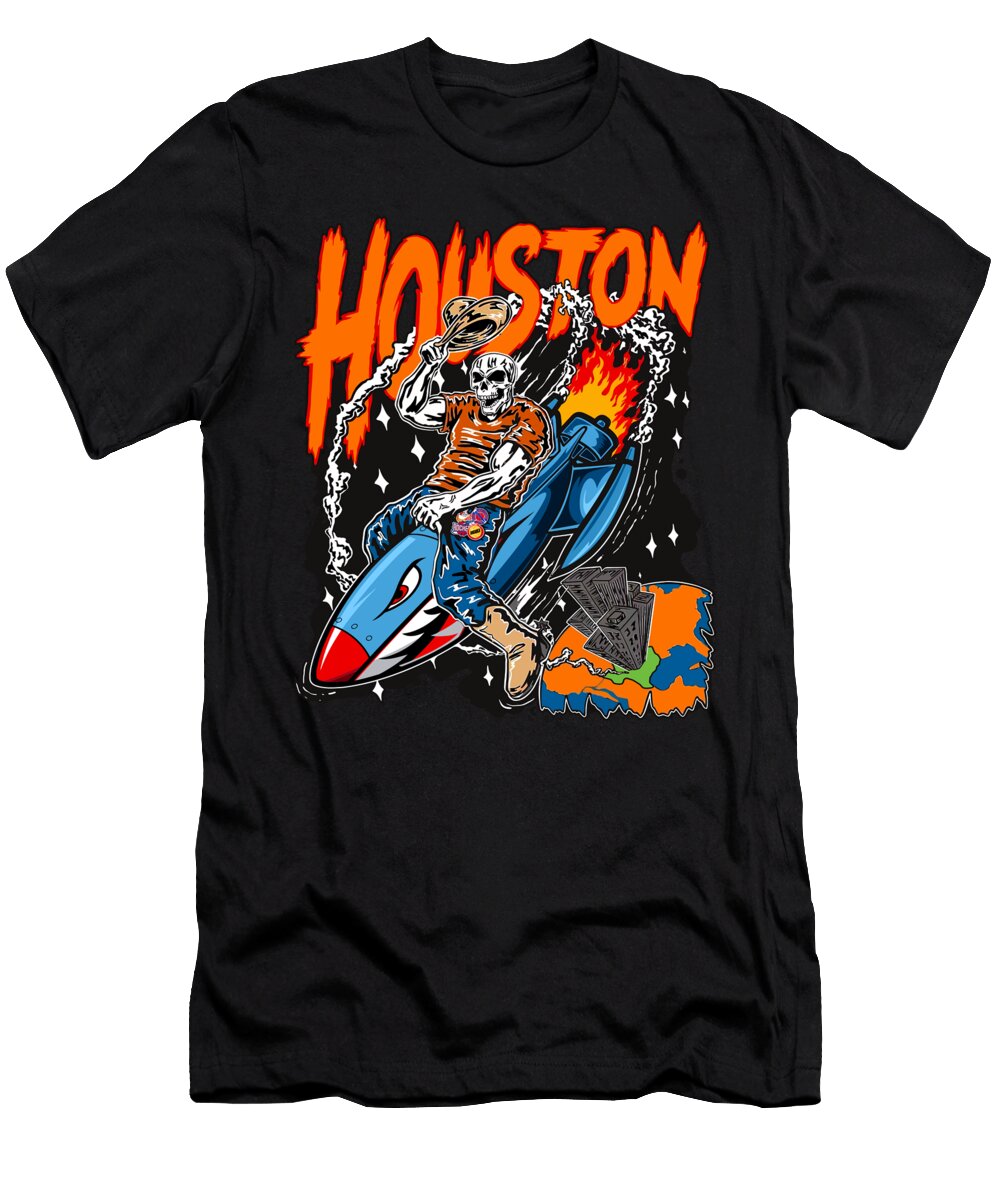 Rodeo Cowboy on Rocket Houston Space Skeleton Rocket Rider Illustration Fiery Cosmic Eyaden Dan T-Shirt