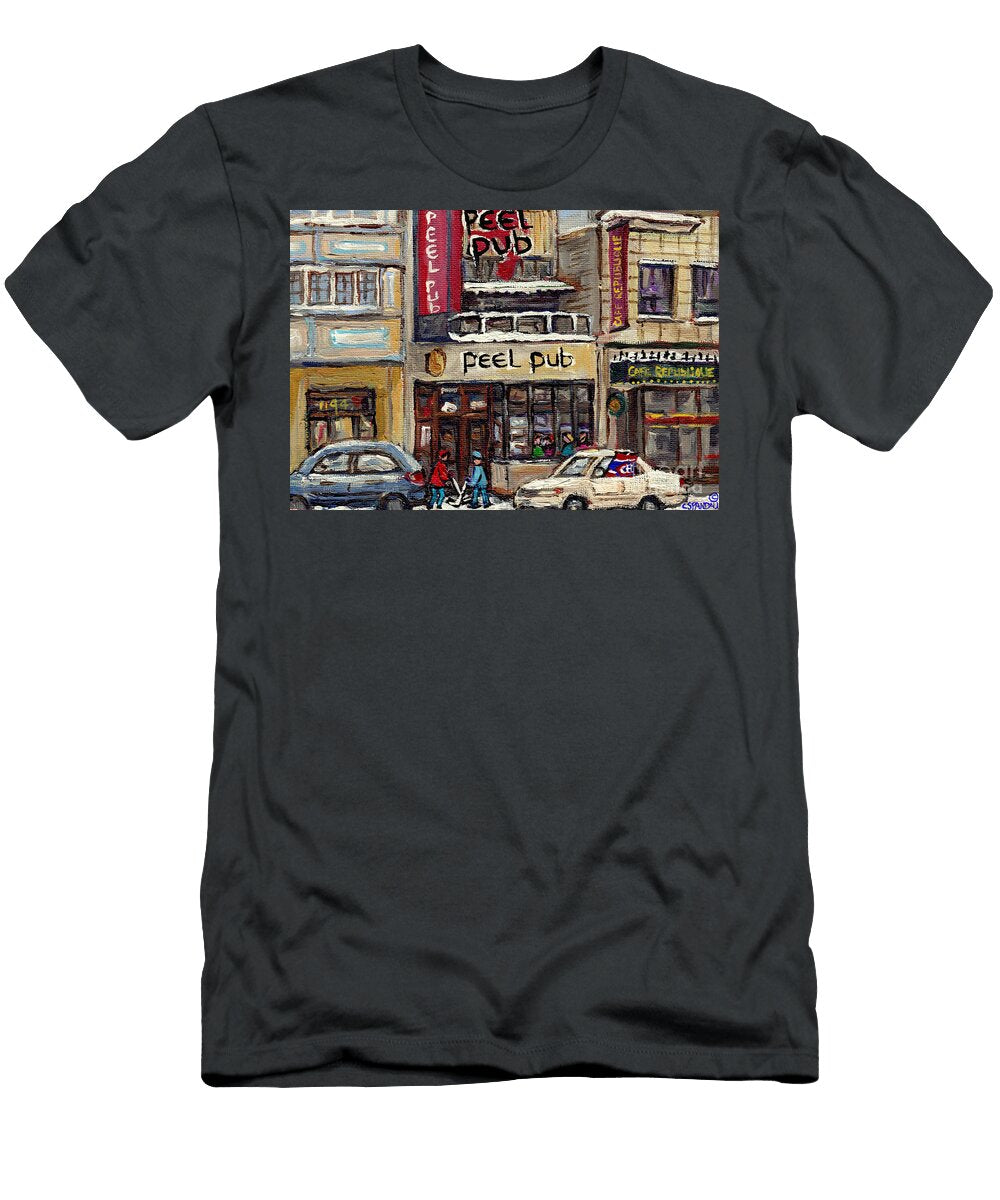 Rue Peel Montreal Winter Street Scene Paintings Peel Pub Cafe Republique Hockey Scenes Canadian Art Carole Spandau T-Shirt