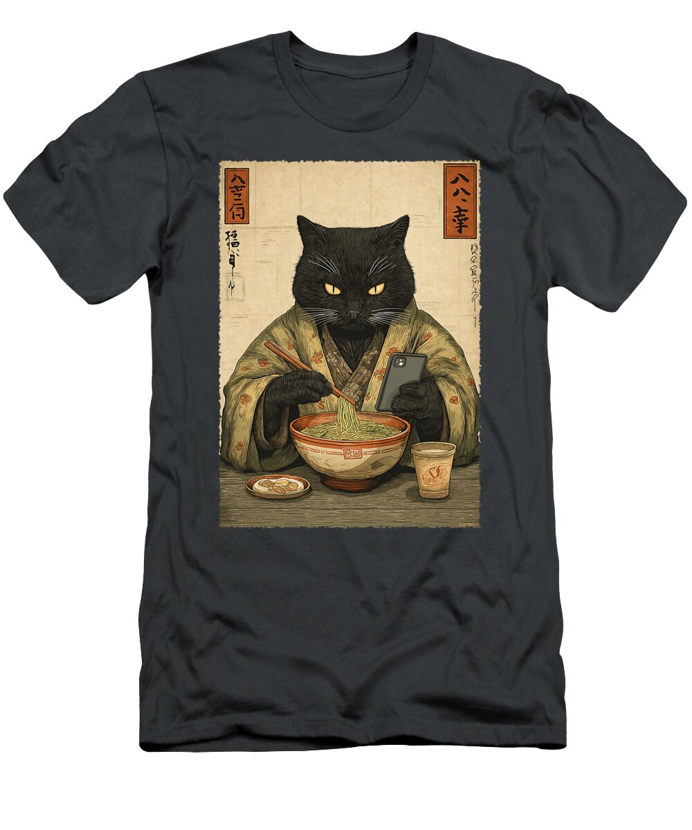 Samurai Cat Eat Ramen Scroll Phone Japanese Food Zyneu Gangd T-Shirt