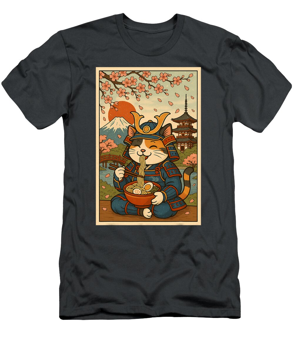 Samurai Cat Ramen with Japanese Pagoda and Zyneu Gangd T-Shirt