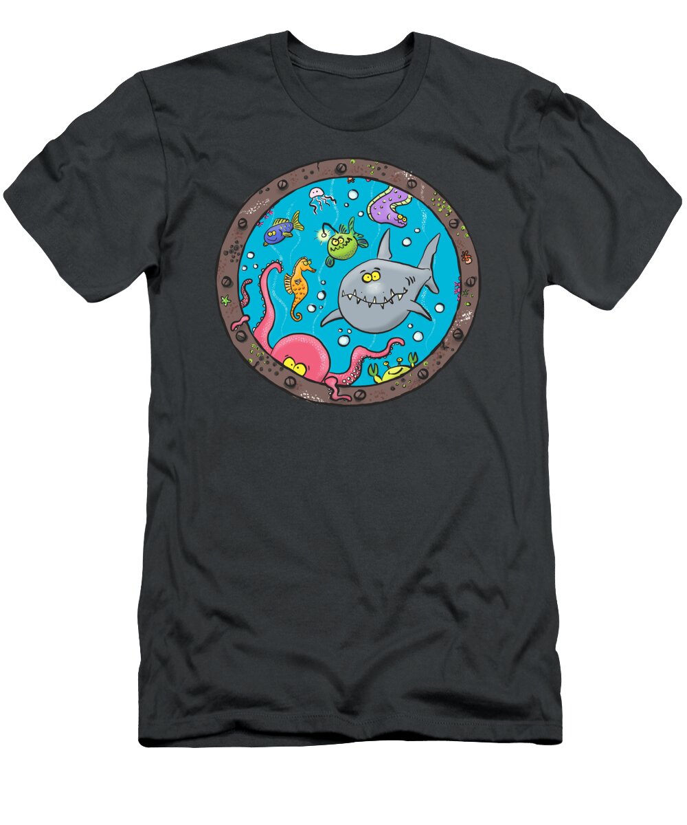 Sea Life Through the Port Hole Cartoon Mark Spivey T-Shirt