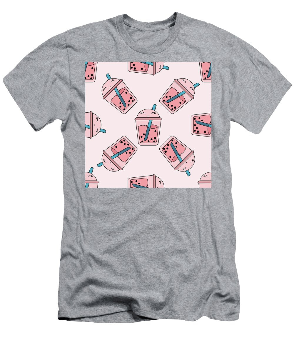 Seamless Bright Pattern Bubble Tea Fruit Summer Drink Kawaii Joyful Illustration on Pink Background Herbert T-Shirt