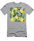 Seamless Pattern of Branches with Lemons Green Leaves and Flowers on Blue Citrus Fruits Background Vector Illustration Zhu Ming T-Shirt