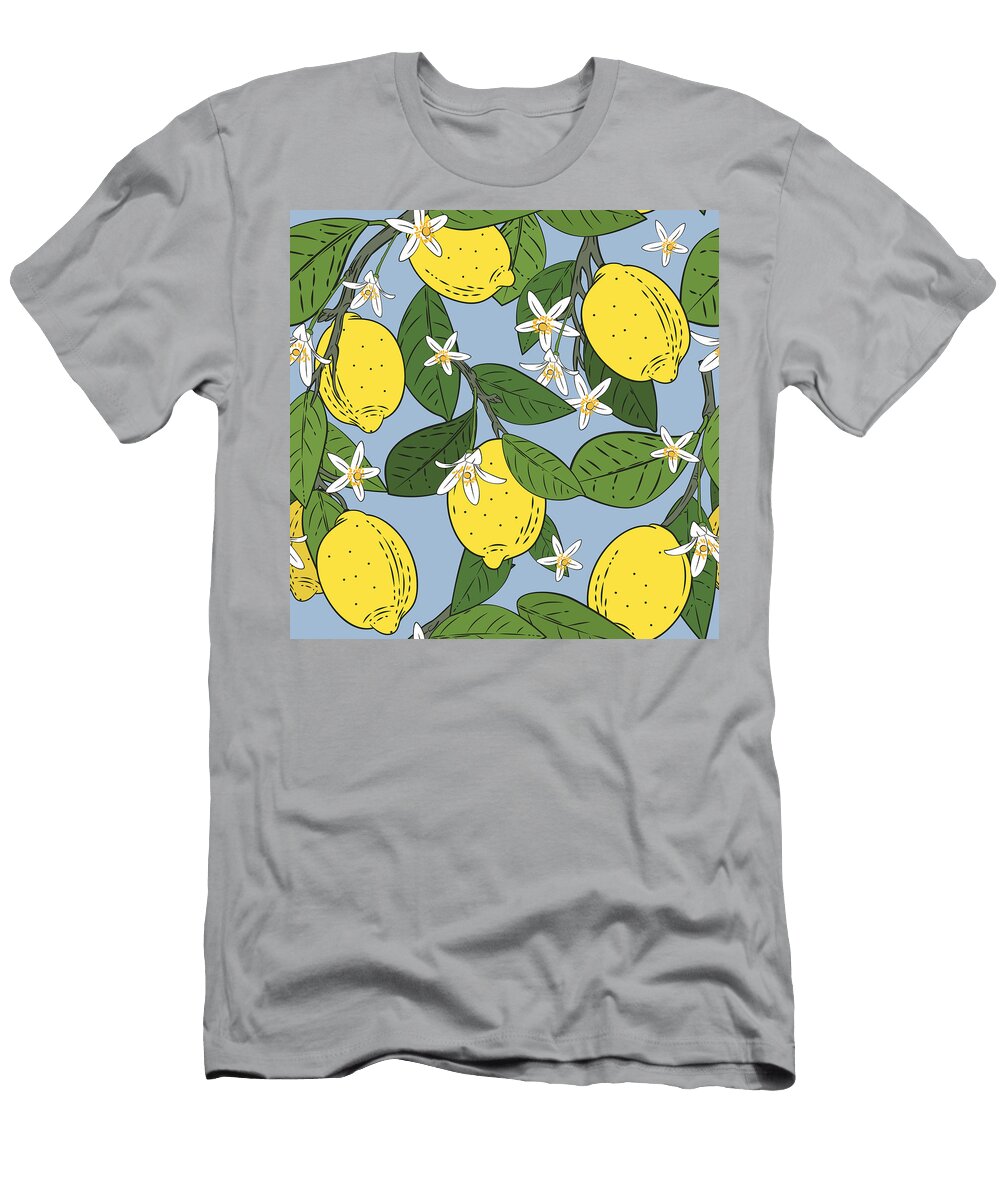 Seamless Pattern of Branches with Lemons Green Leaves and Flowers on Blue Citrus Fruits Background Vector Illustration Zhu Ming T-Shirt