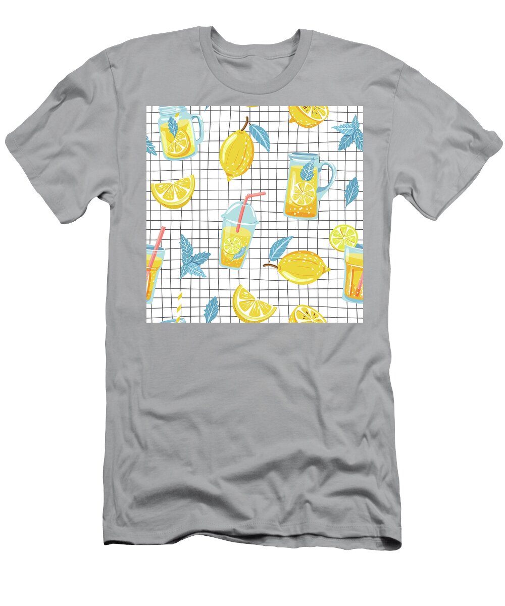 Seamless Pattern with Lemon Lemon Slice Mint Flower Jar with Lemonade on Checkered Background Julien T-Shirt