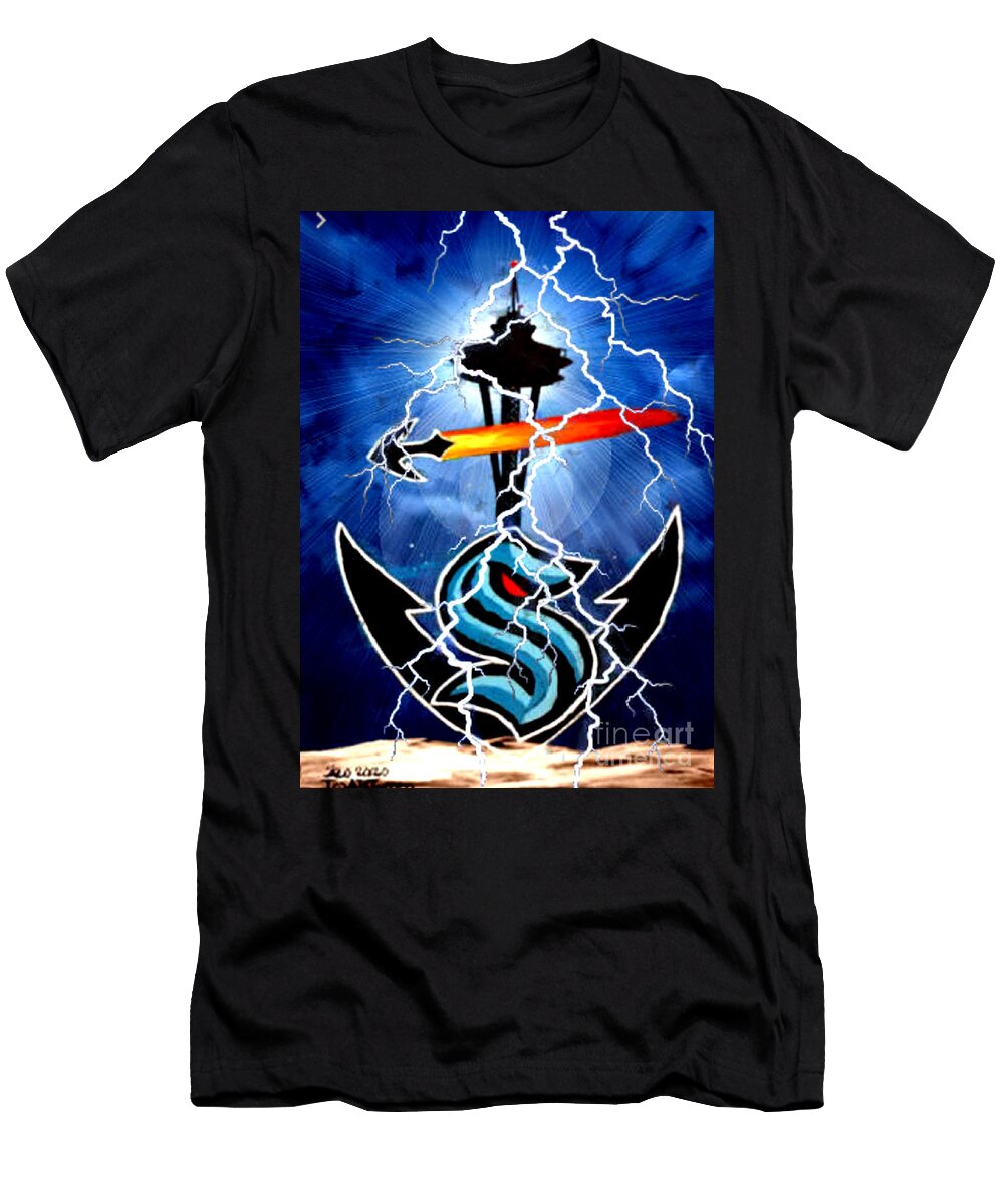 Seattle Kraken NHL Hockey Art Lightning Anchor Space Needle Teo Alfonso T-Shirt