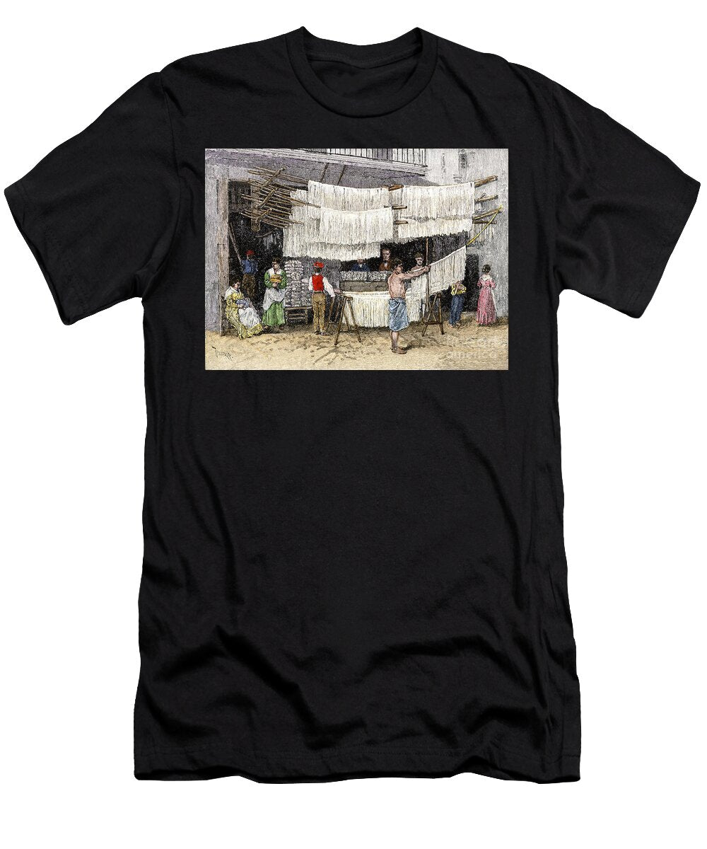 Seller of Pasta in Italy in Naples Drying Spaghetti on Threads Years 1880 Colouring Engraving of the 19th Century American School T-Shirt