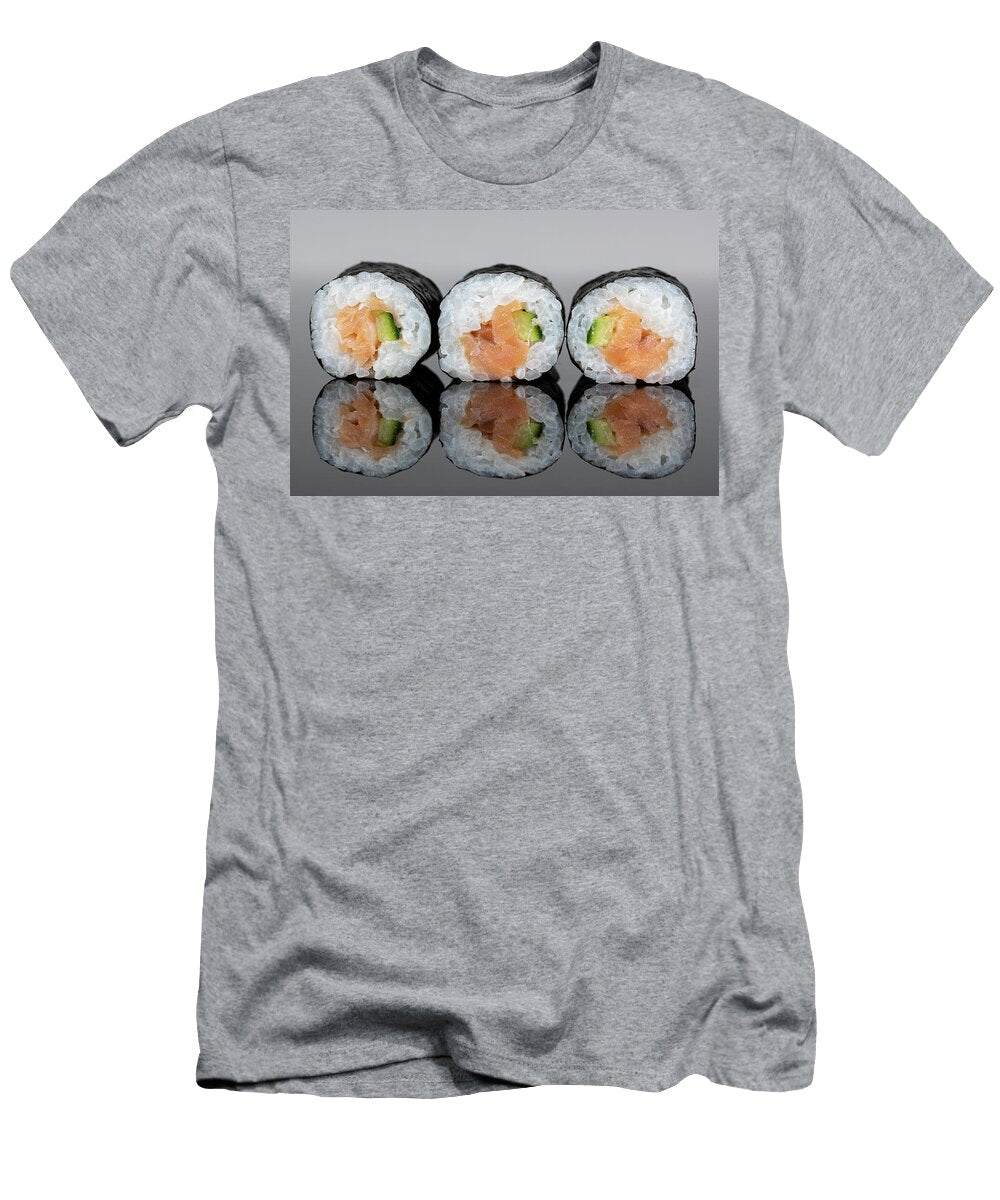 Set of Three Sushi Rolls with Salmon and Avocado Sushi with Reflection Traditional Japanese Food Michael Dechev T-Shirt
