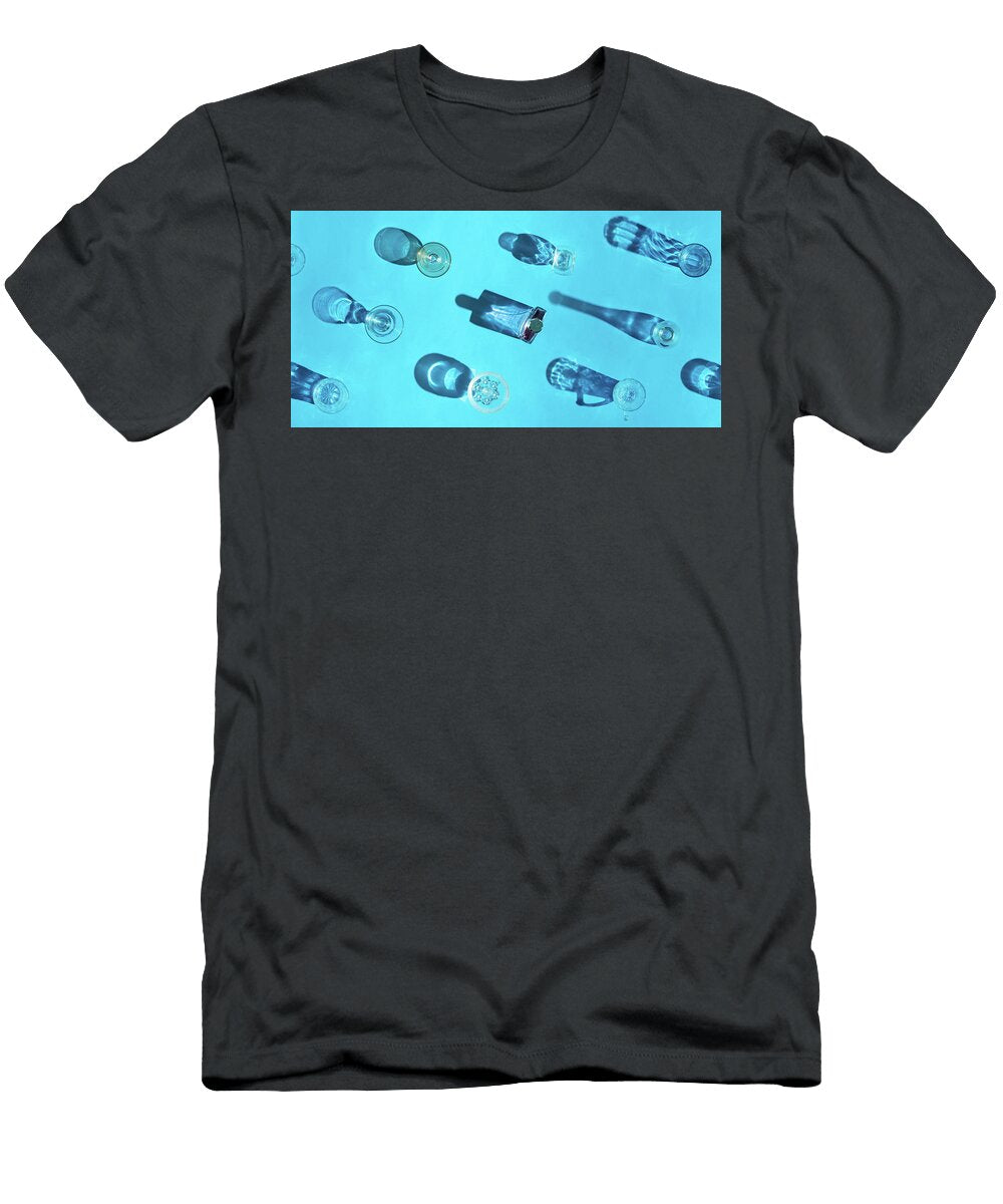Shadows of Multiple Glasses on Bright Blue Background Dorin Puha T-Shirt