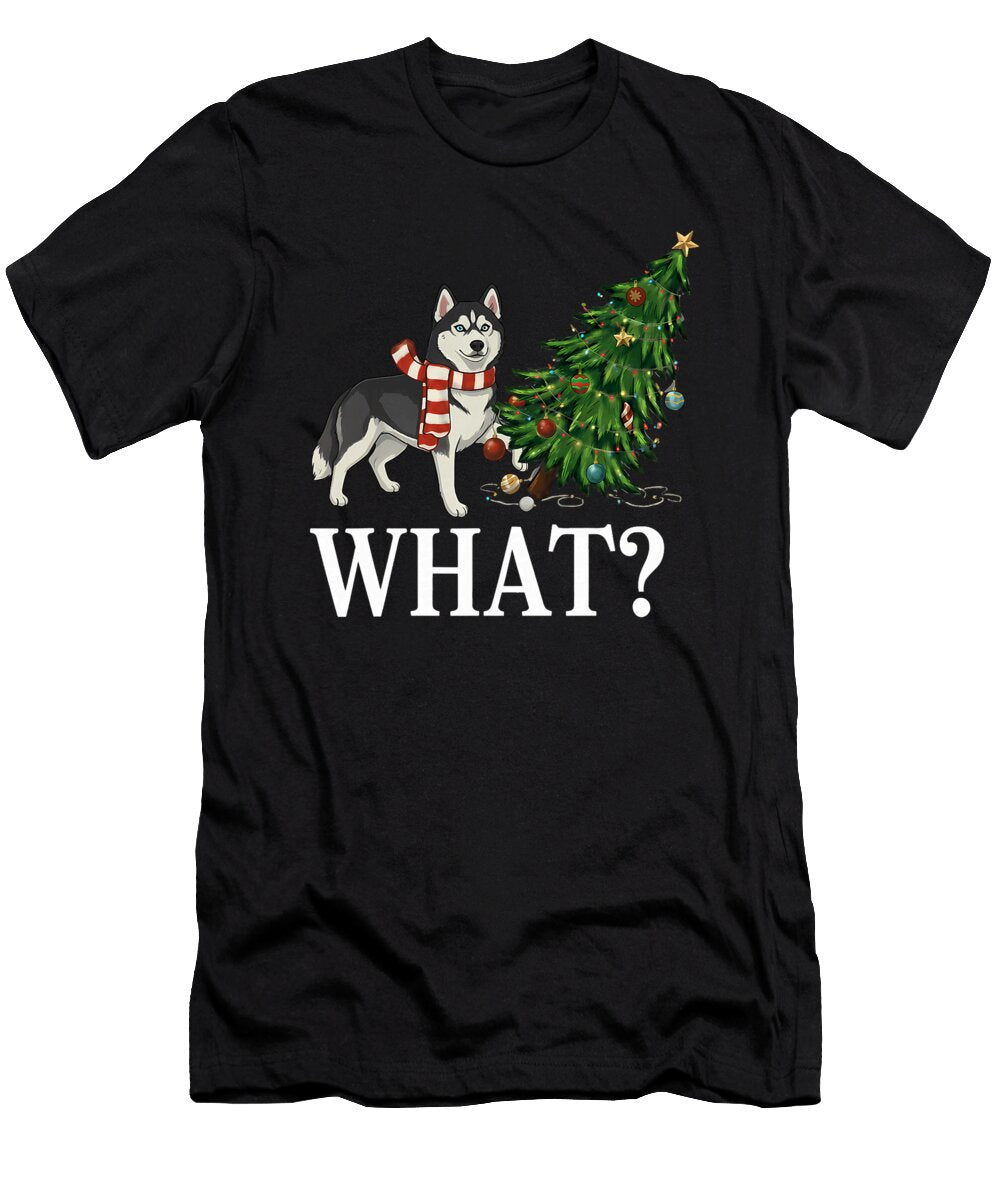Siberian Dog Husky Pushing Christmas Tree Over Natalie Lidford T-Shirt