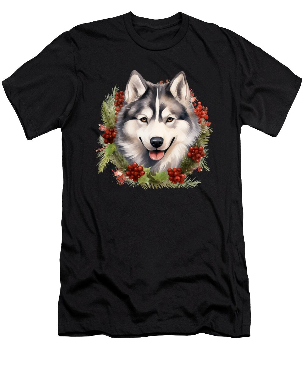 Siberian Husky Christmas Puppy Winter Dog Wreath Heidi Joyce T-Shirt