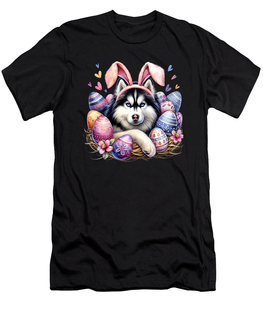 Siberian Husky Dog Bunny Ears Easter Day Natalie Lidford T-Shirt