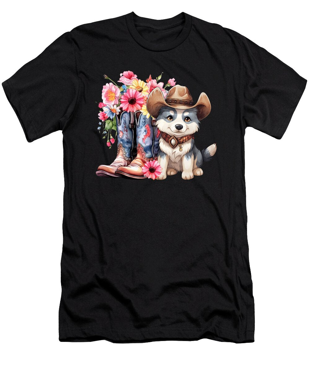 Siberian Husky Dog Cowgirl Boots Cowboy Hat Natalie Lidford T-Shirt