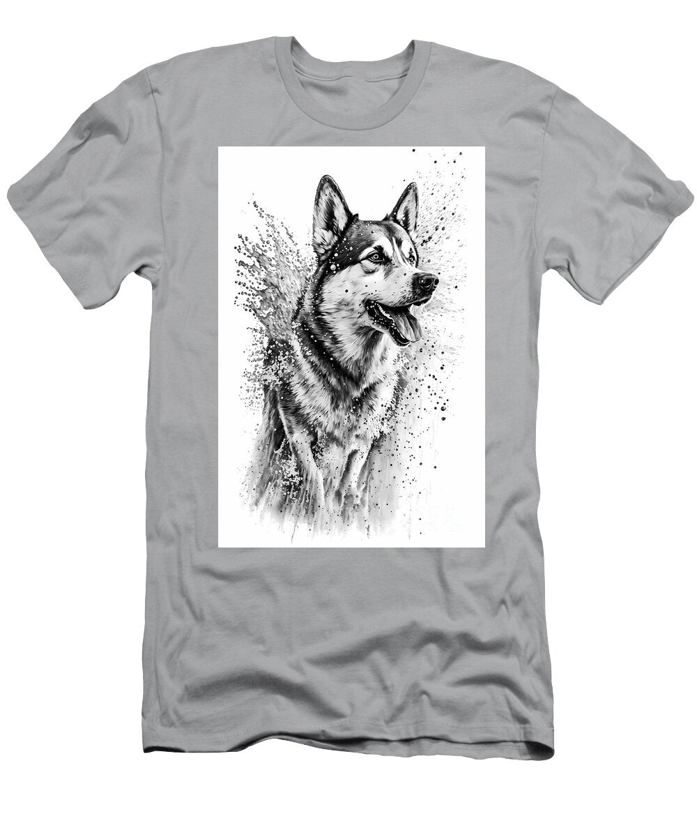 Siberian Husky Dog Ink Drawing in Splash of Inked Black and White Animal Intricate Details Funnygiftscreation T-Shirt