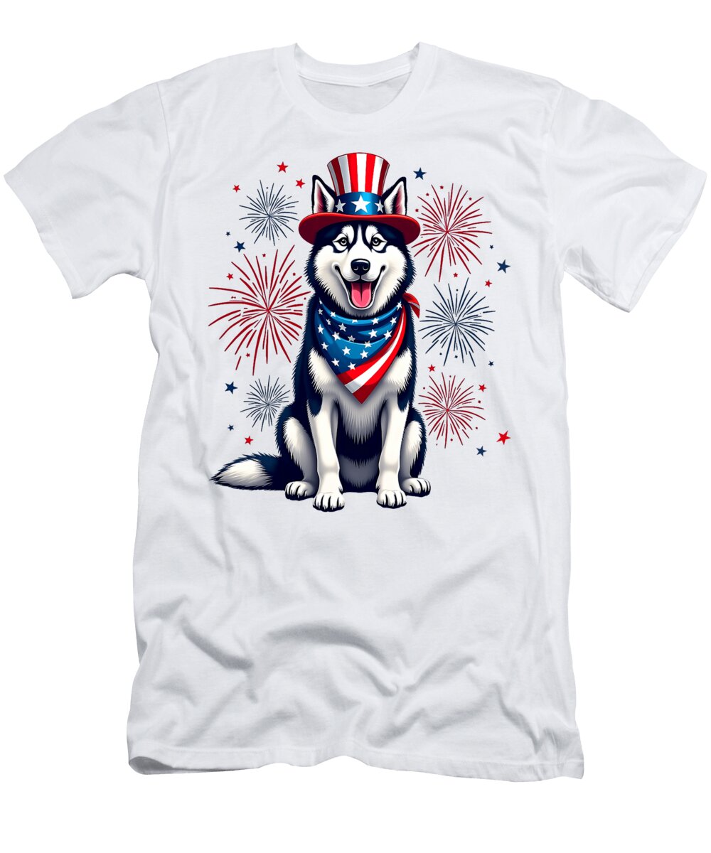 Siberian Husky Dog July 4th American Flag Studi Alex T-Shirt