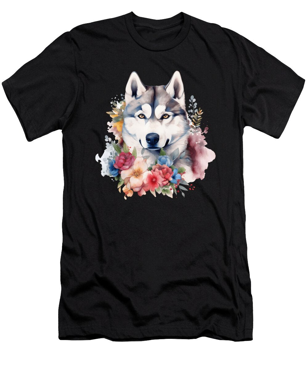 Siberian Husky Dog Watercolor Floral Heidi Joyce T-Shirt