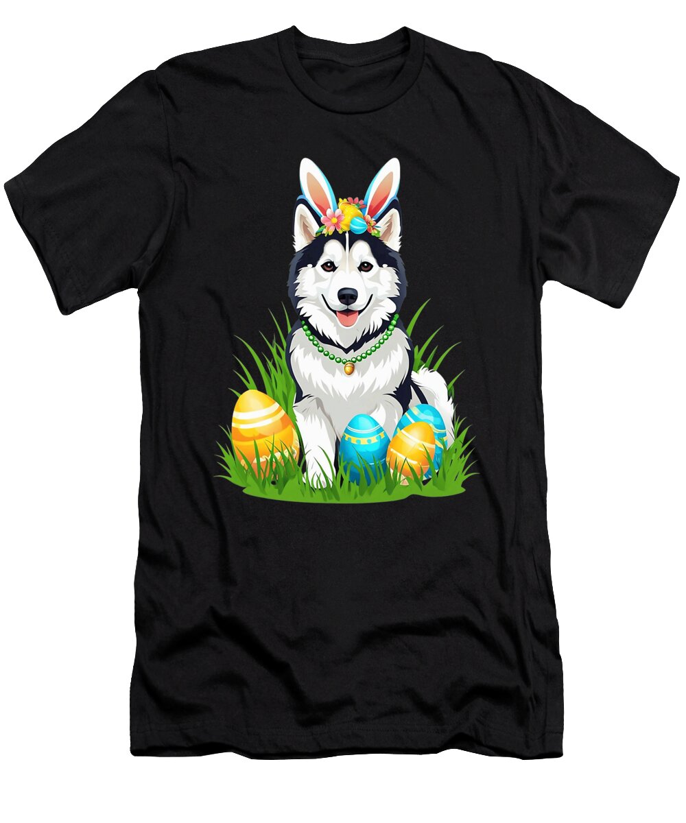 Siberian Husky Dog with Bunny Ears Easter Eggs Studi Alex T-Shirt