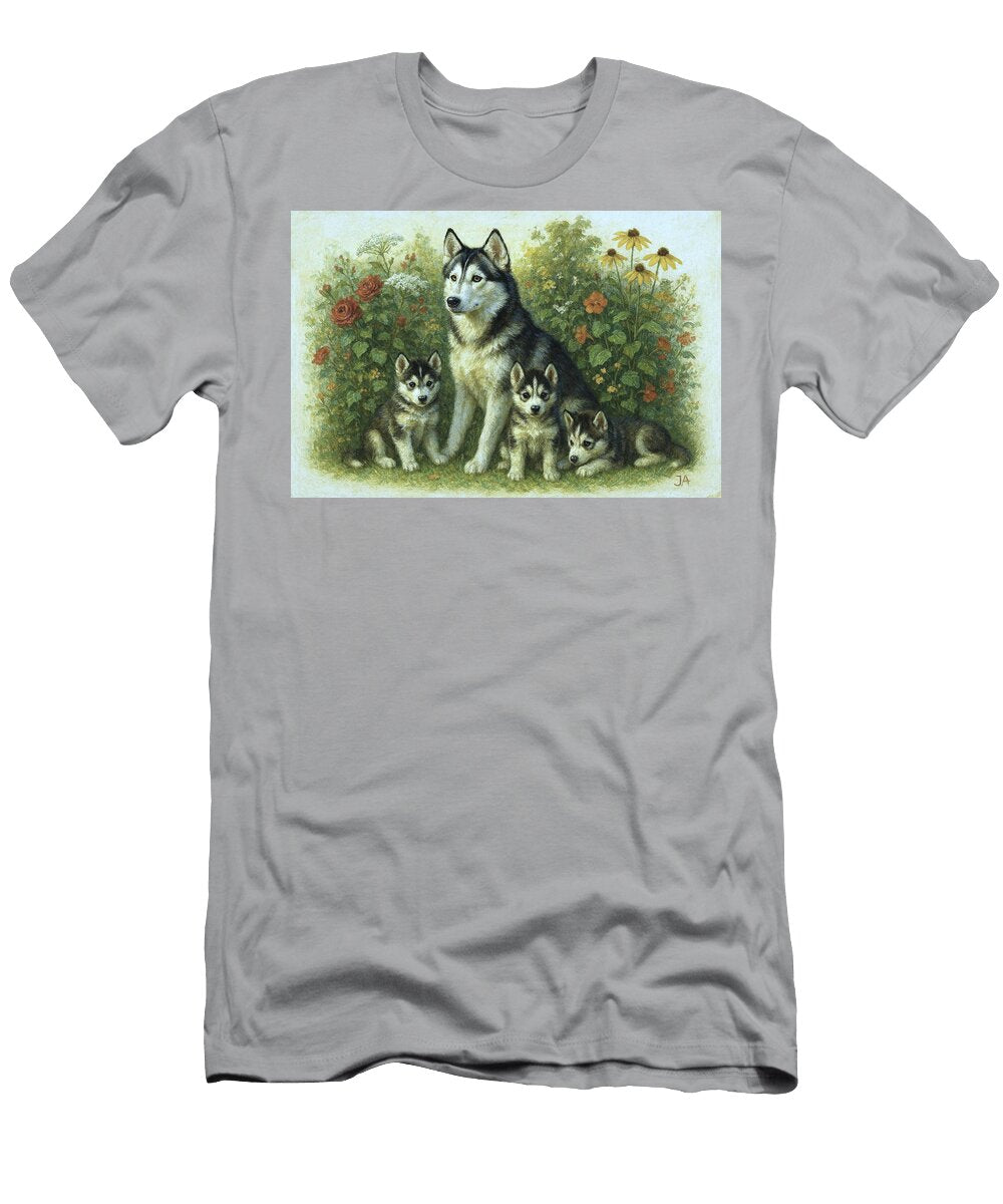 Siberian Husky Family in a Garden Janice Maclellan T-Shirt
