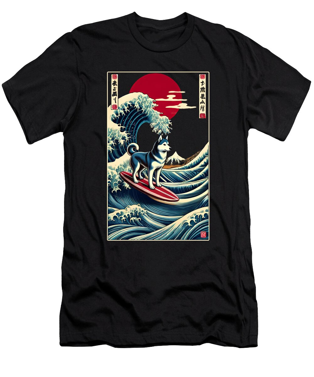 Siberian Husky Kanagawa Wave Surf Surfboard Japanese Art Dog Lover Job T-Shirt